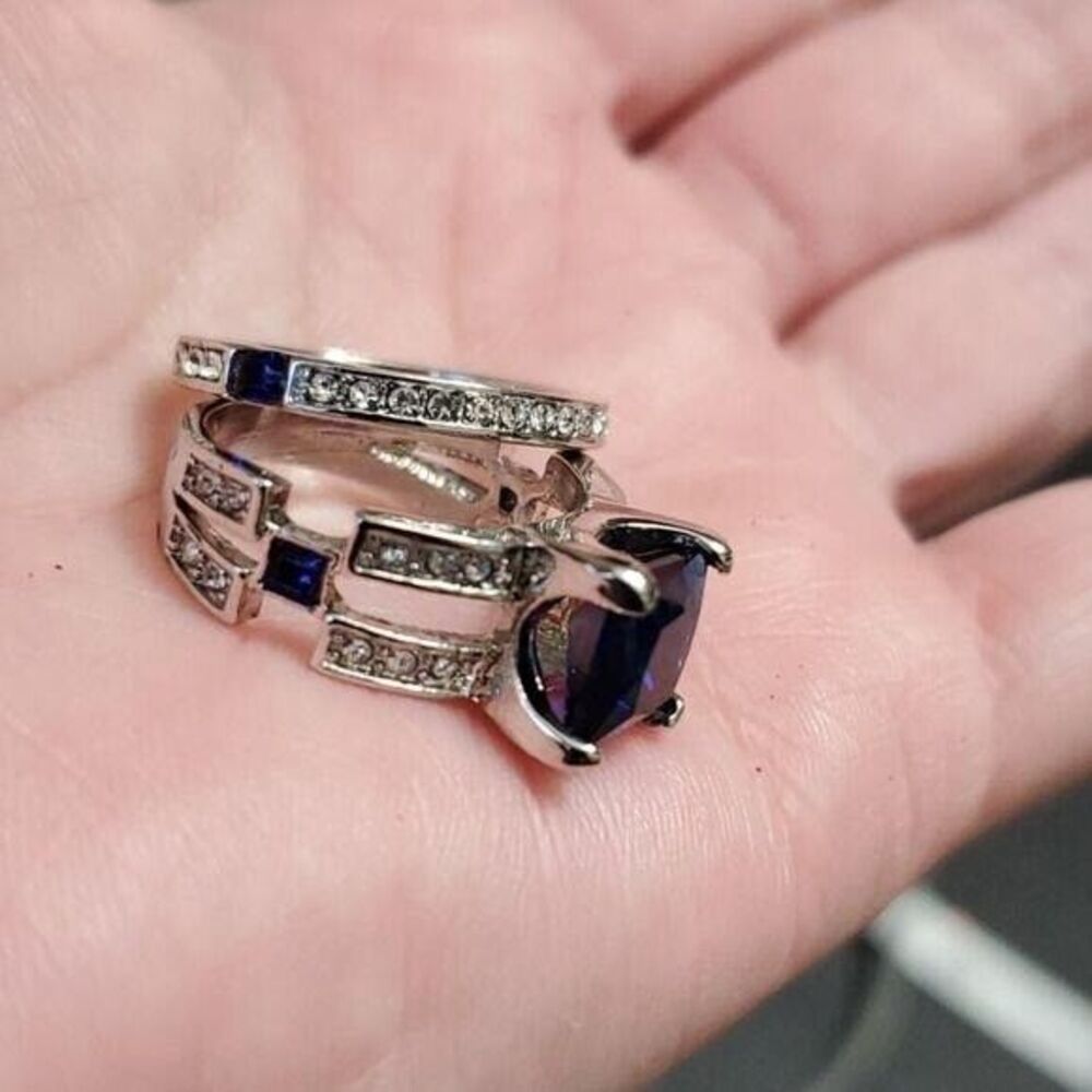 Silver tone blue double ring set - Picture 9 of 9